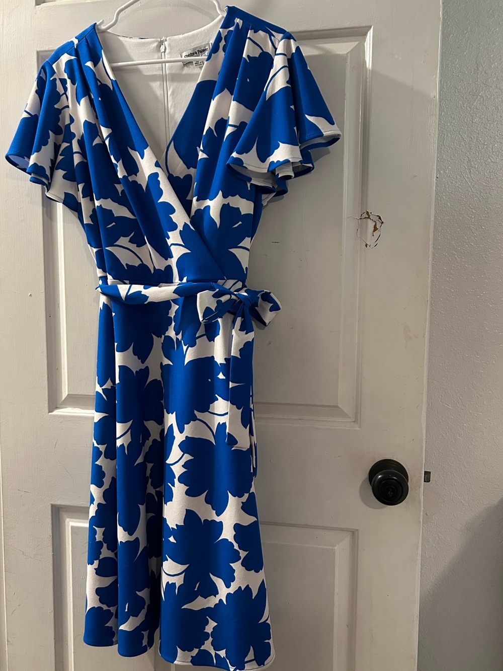 Shelby & Palmer Blue and White Floral Wrap Midi Dress